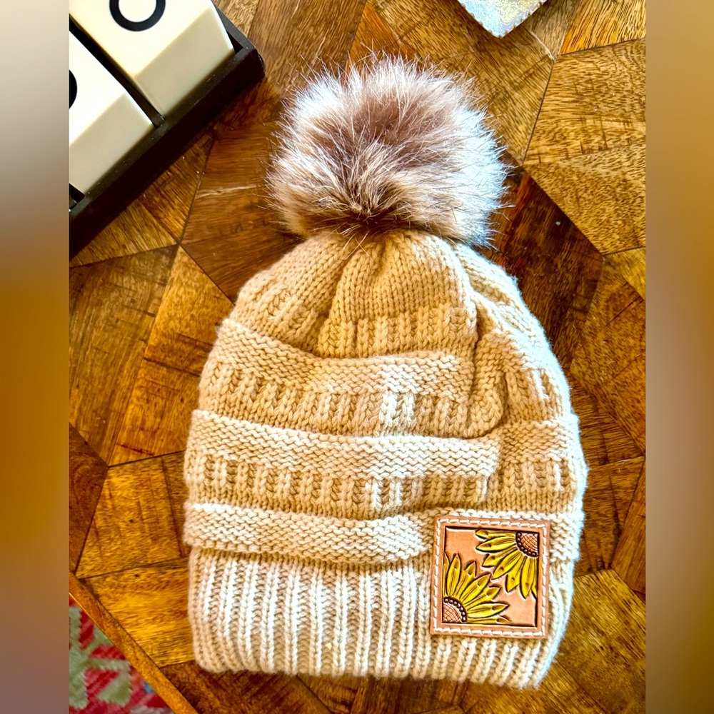 Beanie with Pom Pom & Tooled Leather Patch